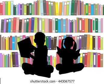 Silhouettes of children with books.