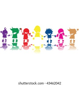 Silhouettes of children in colors and races holding hands