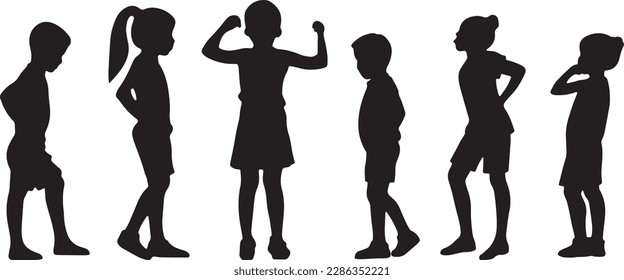 Silhouettes of children communicate. Vector template stencil teenager and child isolated