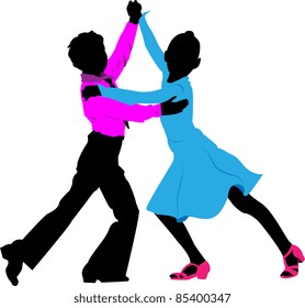 Silhouettes of children dancing couple in evening dress on a white background