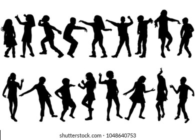 Silhouettes of children dancing on white background