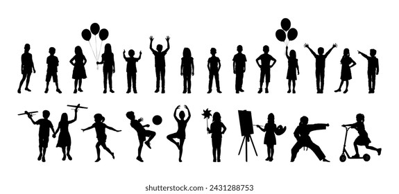 Silhouettes of children different poses standing together in row. Kids various activities hobbies and sports vector silhouette set collection.	