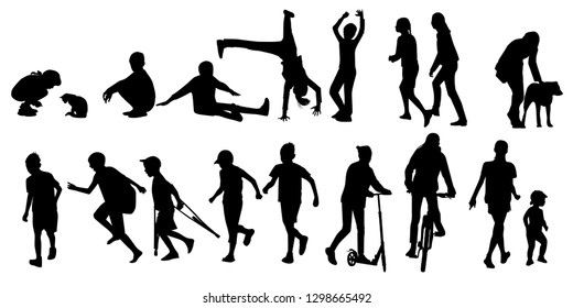 Silhouettes of children in different poses, vector. Children play, run,jump, ride a bike, walk. Different activity of children.