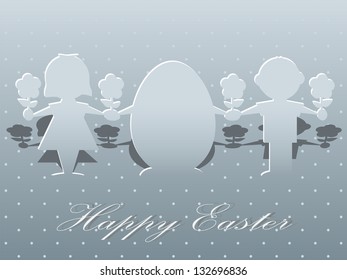 Silhouettes of children and easter egg on a greeting card