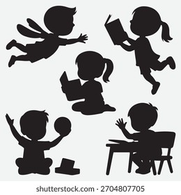 Siluetas de niños que participan en diversas actividades como leer y jugar
