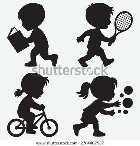 Silhouettes of Children Engaged in Various Activities: Reading, Tennis, Cycling, and Playing