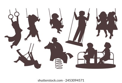 Silhouettes of children enjoying various playground activities. Vector set featuring kids on swings, rings, a seesaw, and a spring horse, conveying energetic outdoor play.