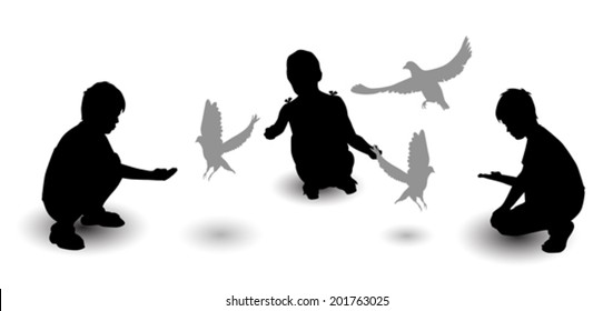 silhouettes of children feeding pigeons vector
