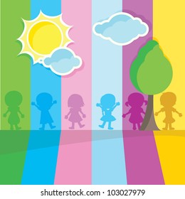 silhouettes children of girls and boys standing and waving