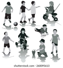 Silhouettes of children group playing isolated on white. Vector illustration