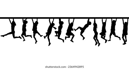 Silhouettes of children hanging from a horizontal ladder. Kids climbing a horizontal ladder in a playground