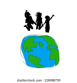 Silhouettes of children jumping over the globe. Vector