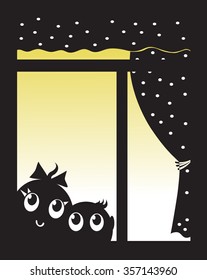 Silhouettes of children looking out the window, vector illustration