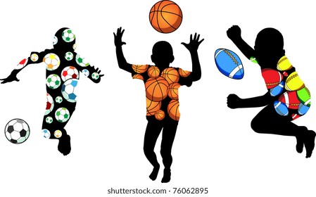 Silhouettes of children in movement with sports balls on a white background