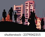 Silhouettes of children on a hill against a backdrop of buildings destroyed by missile attacks after the war. Family and people refugees after Palestine and Israel conflict