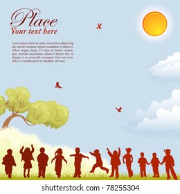Silhouettes of children on nature background with bird, sun, tree and grass, element for design, vector illustration