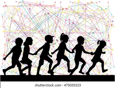 Silhouettes of children on the run. Abstrack background.