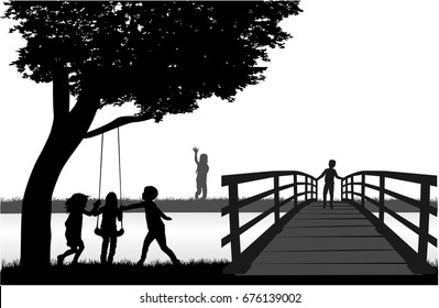 Silhouettes of children playing.