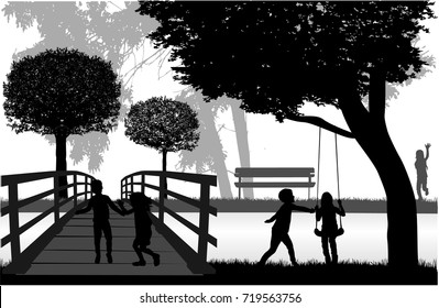 Silhouettes of children playing.