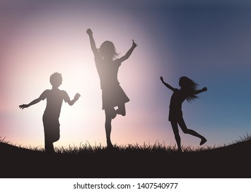 Silhouettes of children playing against a sunset sky