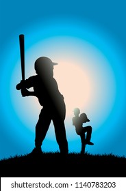 silhouettes of children playing baseball blue sky background vector illustration