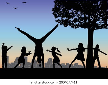  Silhouettes of children playing. Silhouettes conceptual.