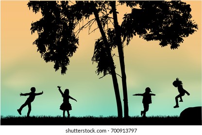  Silhouettes of children playing. Silhouettes conceptual.