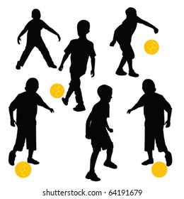 silhouettes of children playing football with golden soccer ball