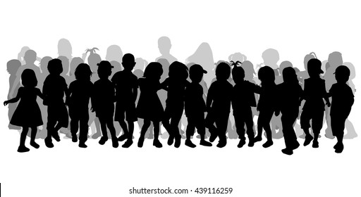 Silhouettes of children playing. Large group.