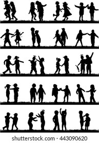 Silhouettes of children playing. Large group.