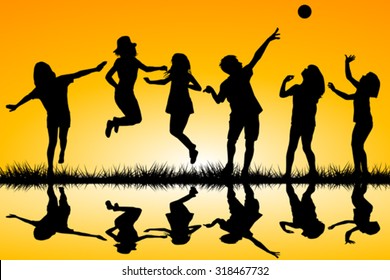 Silhouettes of children playing near a water