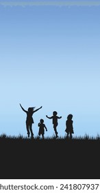 Silhouettes of children playing on grass against a clear blue sky, embodying the spirit of freedom and playfulness.