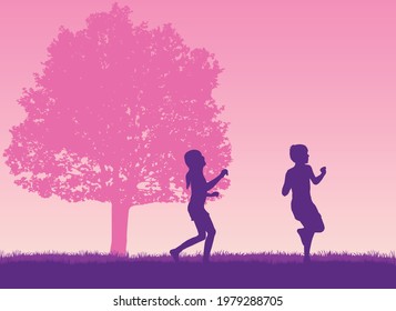 Silhouettes of children playing outside.