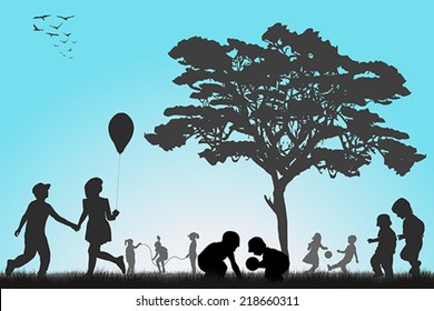 Silhouettes of children playing outside