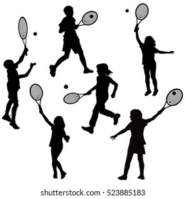 Silhouettes of children playing tennis