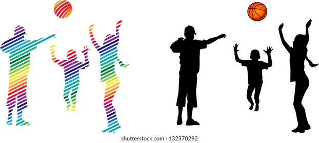Silhouettes of children playing volleyball on a white background