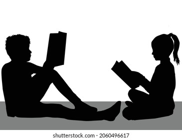 Silhouettes of a children reading a book .
