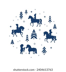 Silhouettes of children riding ponies in a winter park