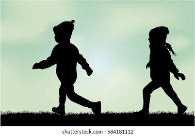 Silhouettes of children running.