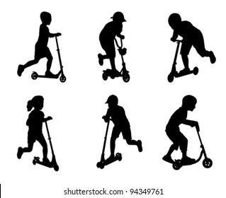 silhouettes of children scooting silhouettes - vector