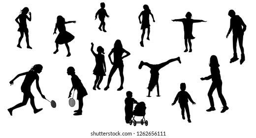 silhouettes of children in various poses. Children play, walk, run, rollerblading, playing tennis, jumping, vector. Set of illustrations of kids activity.