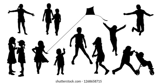 silhouettes of children in various poses. Children play, walk, run, jumping, vector. Set of illustrations of kids activity.