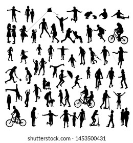 silhouettes of children in various poses. Children play, walk, run, jumping, vector. Set of illustrations of kids activity