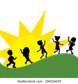 silhouettes children walking outdoor with sun background