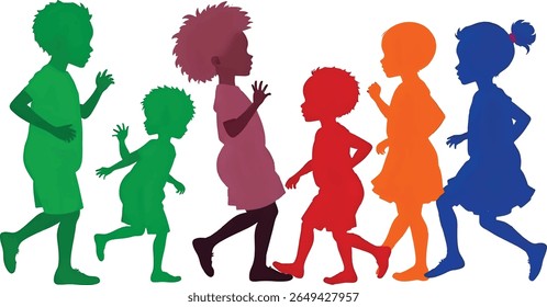 Silhouettes of children walking together, each a different color. A vibrant and playful image depicting childhood, friendship, and the joy of being together.