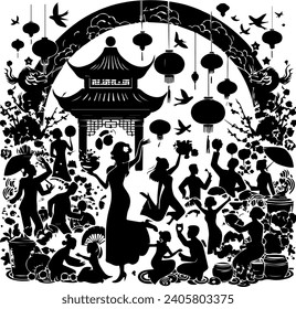 Silhouettes of Chinese people in the garden. Vector illustration.