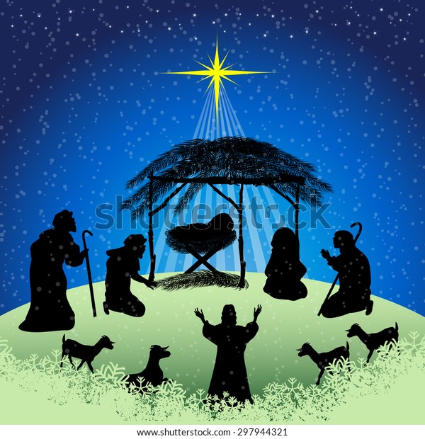 Silhouettes Christmas Nativity Scene Joseph Mary Stock Vector (Royalty ...