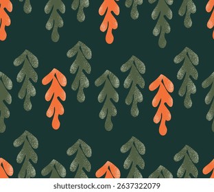 Silhouettes of Christmas tree leaves with snow texture forming horizontal stripes in colors of orange green and white on dark blue background. Holiday seamless vector pattern. Great for home decor.