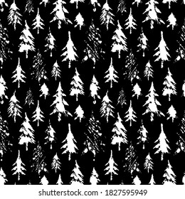 Silhouettes of Christmas Trees. Black and white seamless pattern. Winter symbols collection. Vector Illustration.