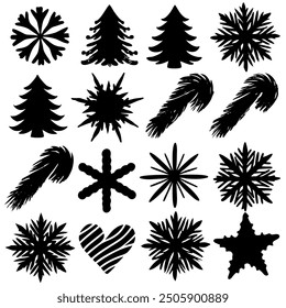 Silhouettes of Christmas trees, snowflakes, candy canes, and stars